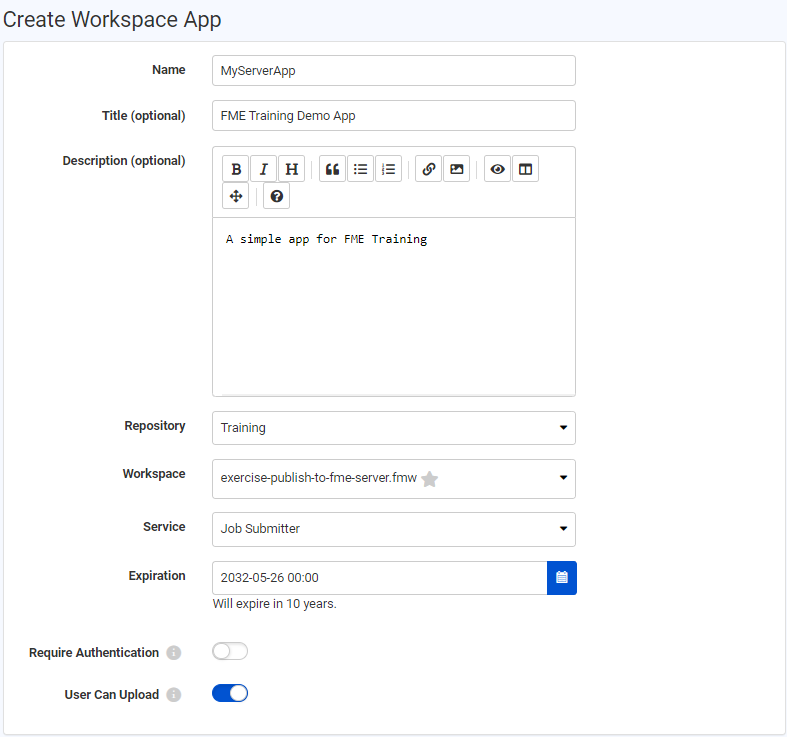 Create Workspace App page